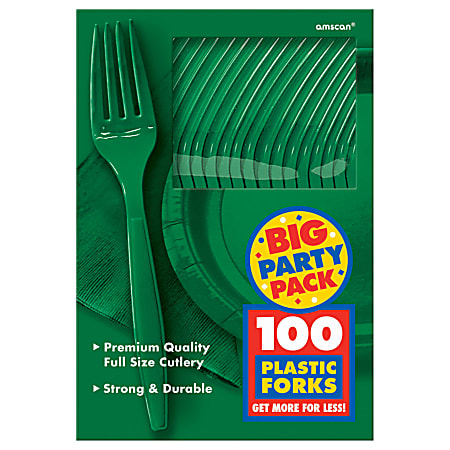 Amscan Big Party Pack Midweight Plastic Forks, 7", Festive Green, 100 Forks Per Box, Pack Of 2 Boxes 