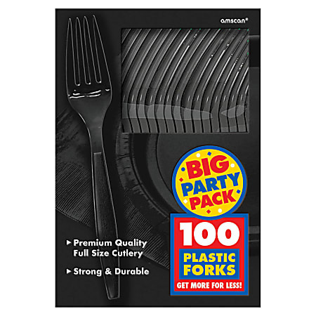 Amscan Big Party Pack Midweight Plastic Forks, 7", Jet Black, 100 Forks Per Box, Pack Of 2 Boxes 