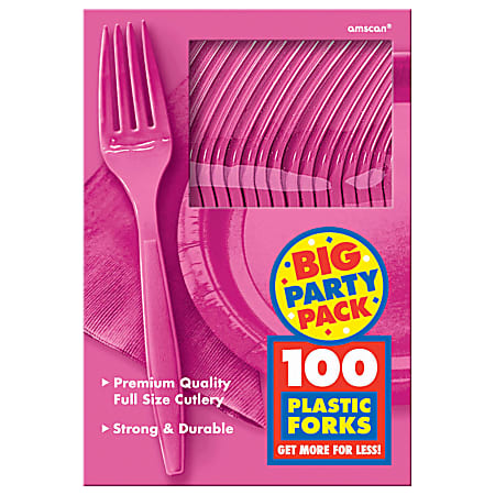 Amscan Big Party Pack Midweight Plastic Forks, 7", Bright Pink, 100 Forks Per Box, Pack Of 2 Boxes 