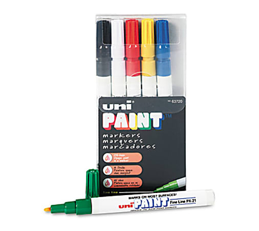 Uni-Ball Oil-Base Fine Line uni Paint Markers - Fine Marker Point - Blue,  White, Red, Yellow, Green, Black Oil Based Ink - 6 / Set