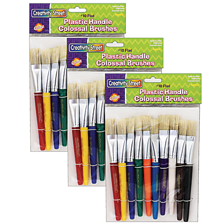 Creativity Street Beginner Paint Brushes, 7-1/2", Flat Stubby Brushes, Hog Bristles, Assorted Colors, 10 Brushes Per Pack, Case Of 3 Packs