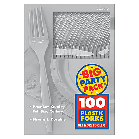 Amscan Big Party Pack Midweight Plastic Forks, 7", Silver, 100 Forks Per Box, Pack Of 2 Boxes 