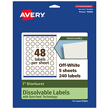 Avery® Print-to-the-Edge Dissolvable Labels With Sure Feed® Technology, 94606-DWMP5, Starburst, 1", Matte Off-White, Pack Of 240