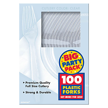 Amscan Big Party Pack Midweight Plastic Forks, 7", Clear, 100 Forks Per Box, Pack Of 2 Boxes 