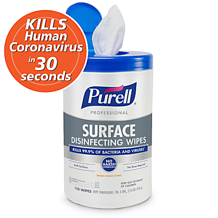 PURELL Professional Surface Disinfecting Wipes Citrus Scent 110 Count  Canister 7 x 8 Wipes Pack of 6 Canisters - Office Depot
