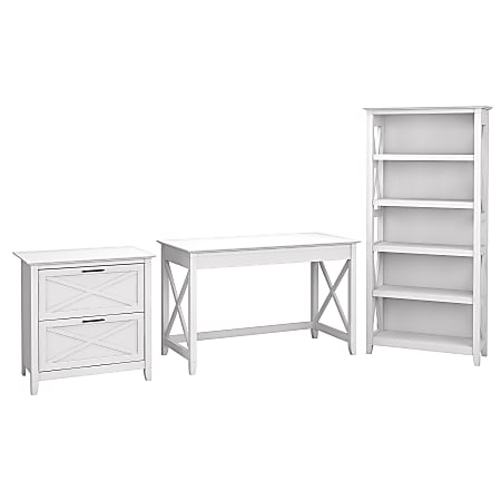 Bush Furniture Key West 48"W Writing Desk With 2-Drawer Lateral File Cabinet And 5-Shelf Bookcase, Pure White Oak, Standard Delivery