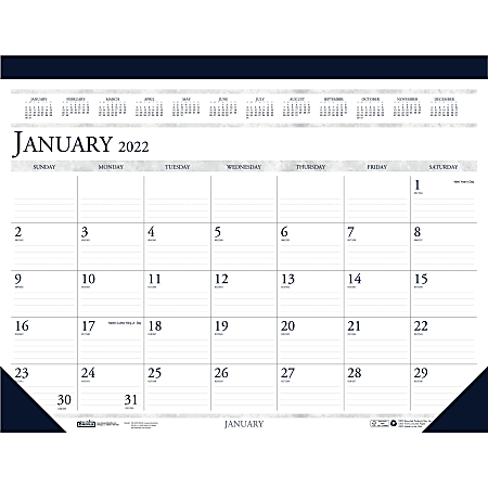 House of Doolittle Deep Blue Print 18.5" Desk Pad Calendar - Julian Dates - Monthly - 1 Year - January 2022 till December 2022 - 1 Month Single Page Layout - 18 1/2" x 13" White Sheet - 1.75" x 2.37" Block - Headband - Desk Pad - Blue, Gray