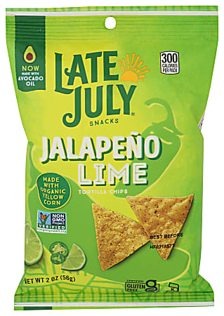 Late July Snacks Tortilla Chips, Jalapeno Lime, 2 Oz, Total Qty 24