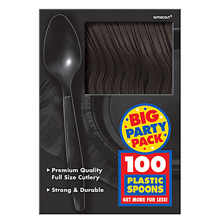 Amscan Big Party Pack Midweight Plastic Spoons, 7", Jet Black, 100 Spoons Per Box, Pack Of 2 Boxes