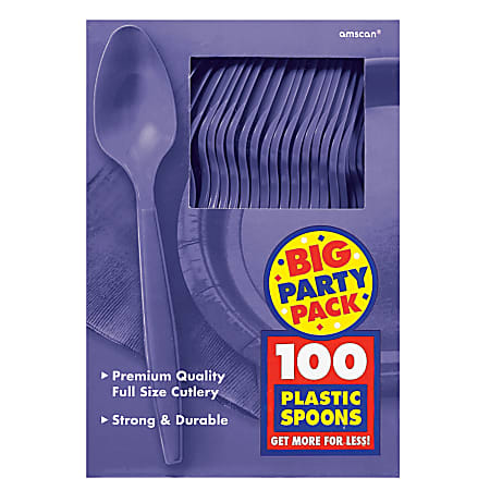 Amscan Big Party Pack Midweight Plastic Spoons, 7", Purple, 100 Spoons Per Box, Pack Of 2 Boxes