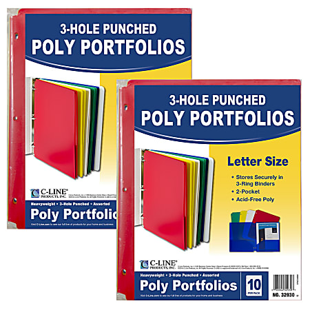 C-Line 2-Pocket 3-Hole Punched Portfolio Folders, 8-1/2" x 11", Assorted Colors, 10 Folders Per Pack, Set Of 2 Packs
