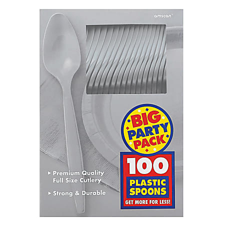 Amscan Big Party Pack Midweight Plastic Spoons, 7", Silver, 100 Spoons Per Box, Pack Of 2 Boxes