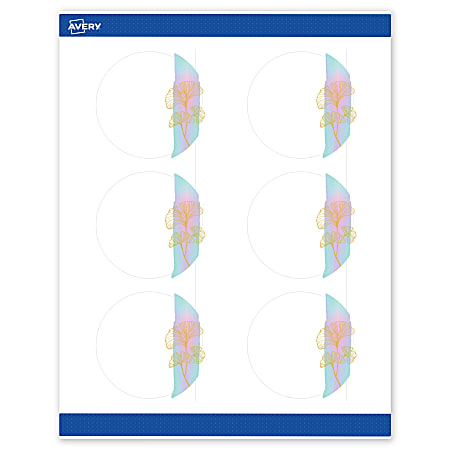 Avery® Printable Labels With Sure Feed® Technology, S00-EVG, Round, 3", Matte White With Preprinted Watercolor/Gold Leaf Design, Pack Of 60