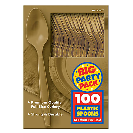 Amscan Big Party Pack Midweight Plastic Spoons, 7", Gold, 100 Spoons Per Box, Pack Of 2 Boxes