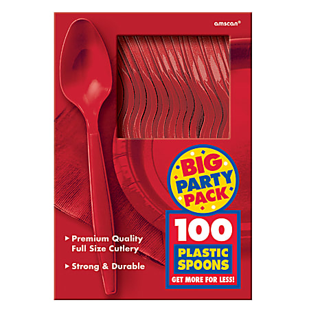 Amscan Big Party Pack Midweight Plastic Spoons, 7", Red, 100 Spoons Per Box, Pack Of 2 Boxes