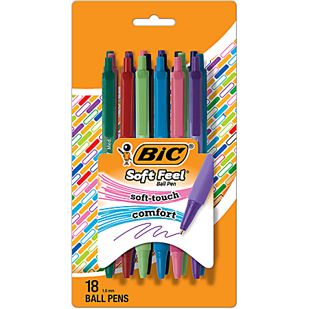 BIC Soft Feel Retractable Ball Point Pen, Medium Point, 1.0MM, Fashion Assorted Ink, Pack of 18