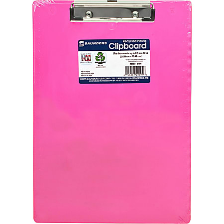 Saunders Neon Plastic Clipboards - 0.50" Clip Capacity - Low-profile - Plastic - Neon Pink - 1 Each