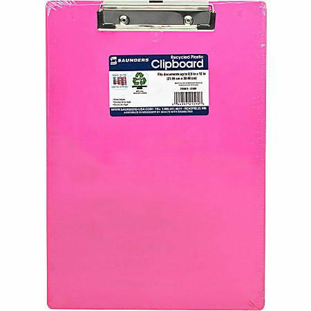 Saunders Neon Plastic Clipboards - 0.50" Clip Capacity - Low-profile - Plastic - Neon Pink - 1 Each