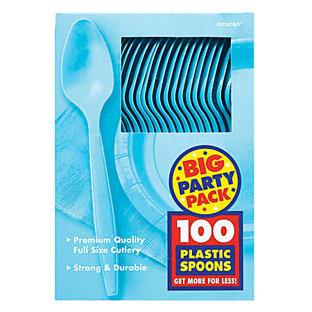 Amscan Big Party Pack Midweight Plastic Spoons, 7", Caribbean Blue, 100 Spoons Per Box, Pack Of 2 Boxes