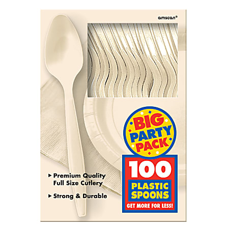 Amscan Big Party Pack Midweight Plastic Spoons, 7", Vanilla Crème, 100 Spoons Per Box, Pack Of 2 Boxes