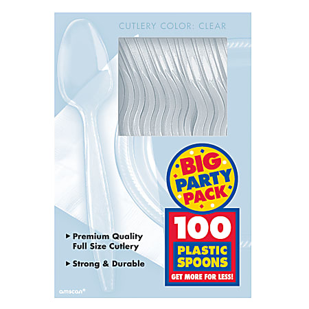 Amscan Big Party Pack Midweight Plastic Spoons, 7", Clear, 100 Spoons Per Box, Pack Of 2 Boxes