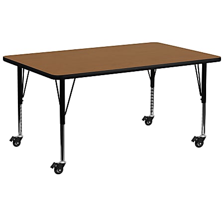 Flash Furniture Mobile Rectangular Thermal Laminate Activity Table With Height-Adjustable Short Legs, 25-3/8"H x 30"W x 72"D, Oak