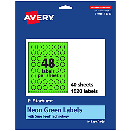 Avery® Print-To-The-Edge Labels With Sure Feed® Technology, 94606-NGP40, Starburst, 1", Matte Neon Green, Pack of 1920