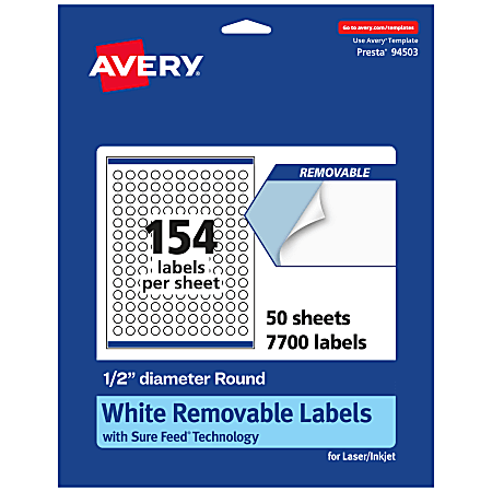 Avery® Removable Labels With Sure Feed®, 94503-RMP50, Round, 1/2" Diameter, White, Pack Of 7,700 Labels