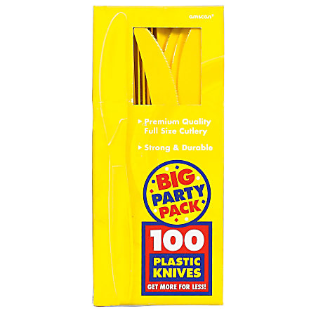 Amscan Big Party Pack Midweight Plastic Knives, 7-1/2", Sunshine Yellow, 100 Knives Per Box, Pack Of 2 Boxes