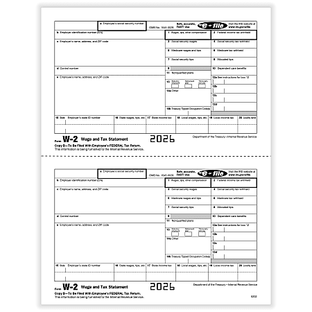 ComplyRight&reg; W-2 Tax Forms, Employee&rsquo;s IRS Federal Copy B, 2-Up, 8-1/2" x 11", Pack Of 100 Forms, 52025026