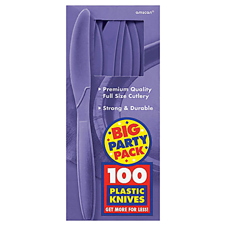 Amscan Big Party Pack Midweight Plastic Knives, 7-1/2", Purple, 100 Knives Per Box, Pack Of 2 Boxes