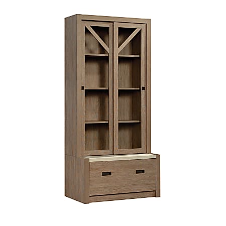 Sauder® Dixon City Library 4-Shelf Bookcase With Sliding Doors And Filing Drawer, Brushed Oak™/Pebble White™