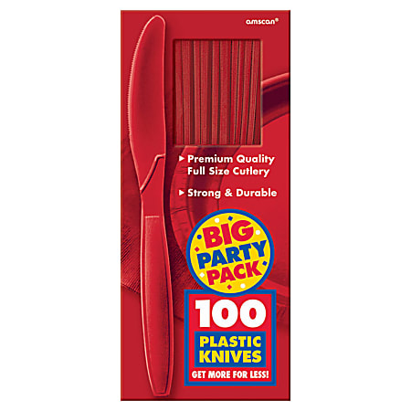Amscan Big Party Pack Midweight Plastic Knives, 7-1/2", Red, 100 Knives Per Box, Pack Of 2 Boxes