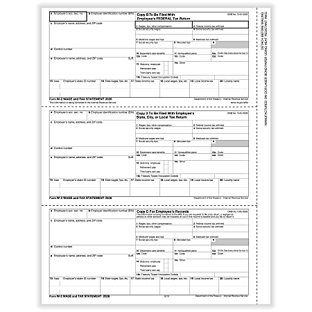 ComplyRight&reg; W-2 Tax Forms, Employee&rsquo;s Copies B, C &amp; 2 Combined, 3-Up (W-Style), 8-1/2" x 11", Pack Of 50 Forms, 52105026