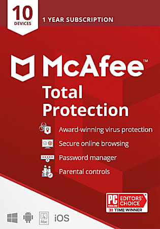 McAfee® Total Protection, For 10 Devices, Antivirus Security Software, 1-Year Subscription, Product Key