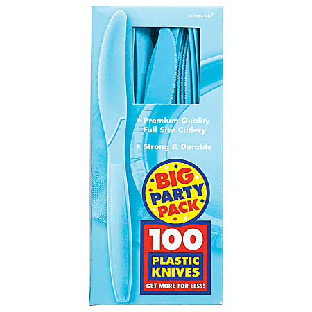 Amscan Big Party Pack Midweight Plastic Knives, 7-1/2", Caribbean Blue, 100 Knives Per Box, Pack Of 2 Boxes