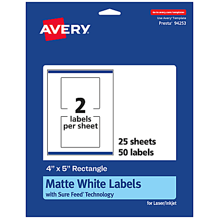 Avery® Permanent Labels With Sure Feed®, 94253-WMP25, Rectangle, 4" x 5", White, Pack Of 50