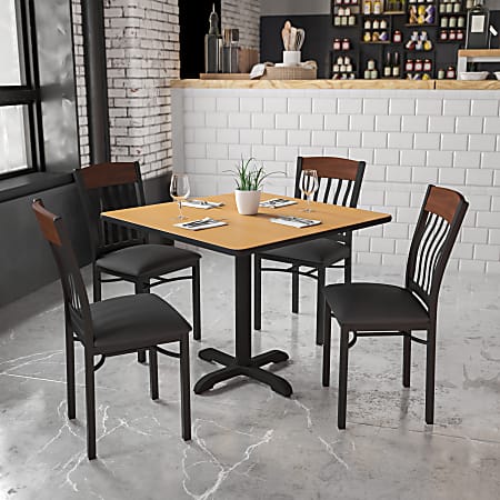 Flash Furniture Vertical-Back Metal And Wood Restaurant Accent Chair With Vinyl Seat, Walnut/Black