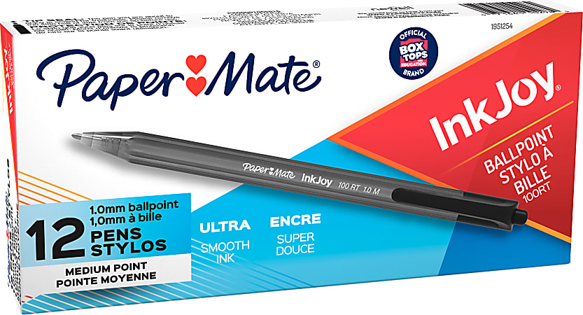 Paper Mate® InkJoy 100 RT Pens, Medium Point, 1.0 mm, Translucent Black Barrels, Black Ink, Pack Of 12