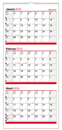 Office Depot® Brand 3-Month Reference Wall Calendar, 27" x 12", Black/Red, January to December 2019