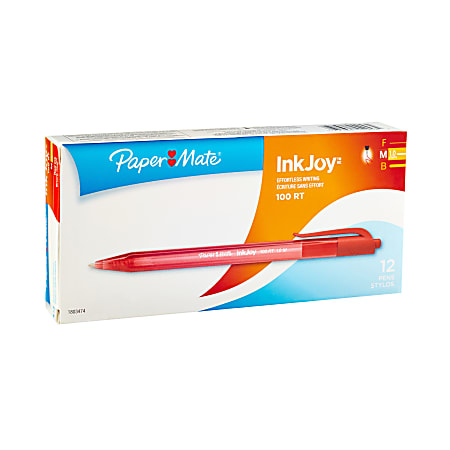 Paper Mate® InkJoy 100 RT Pens, Medium Point, 1.0 mm, Translucent Red Barrels, Red Ink, Pack Of 12