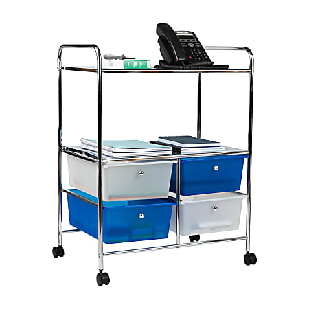 Mind Reader Rolling Cart 2-Tier/4-Drawer Craft Storage Metal and Plastic Utility Cart, 32"H x 15"W x 24-1/4"D, Blue and Silver