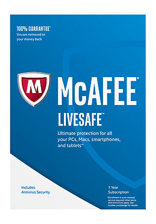 McAfee® LiveSafe™ AntiVirus Software, For PC, Apple® Mac®, iOS or Android, 5 Devices, 1-Year Subscription, eCard