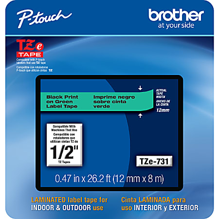 Brother P-Touch TZe731, Laminated, ~1/2in x 26.2ft (12mm x 8m), Black on Green Label Tape