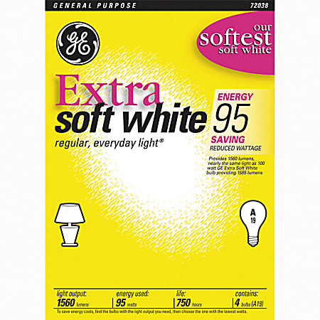 GE Extra Soft White Light Bulbs, California Title 20 Compliant, 95 Watts, Pack Of 4