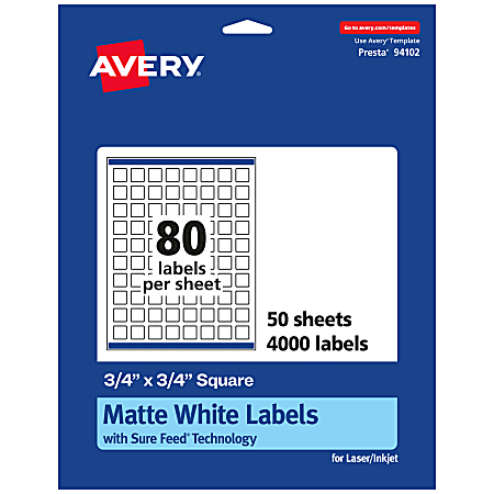 Avery® Permanent Labels With Sure Feed®, 94102-WMP50, Square, 3/4" x 3/4", White, Pack Of 4,000