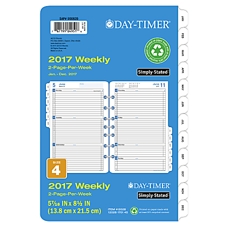 Day-Timer® 2-Page-Per-Week Planner Refill, 5 1/2" x 8 1/2", 30% Recycled, Simply Stated®, January to December 2017