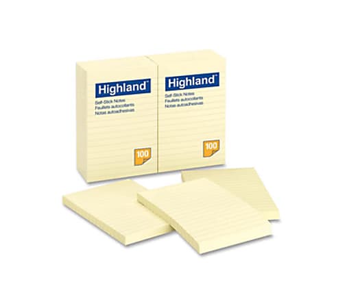 Highland Self-stick Lined Notes, 4" x 6",Rectangle, Ruled - Yellow, 100 Sheets per Pad, 12 Pads