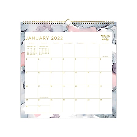 Blue Sky™ Ashley G Monthly Safety Wirebound Wall Calendar, 12" x 12", Blue Purple Smoke, January to December 2022, 135373