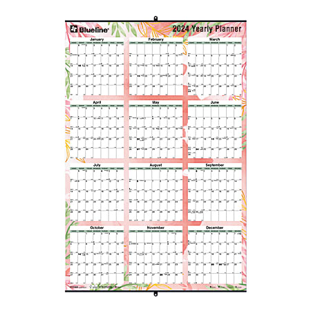 Blueline Laminated Yearly Wall Calendar Reversible Erasable 24 x 36 ...